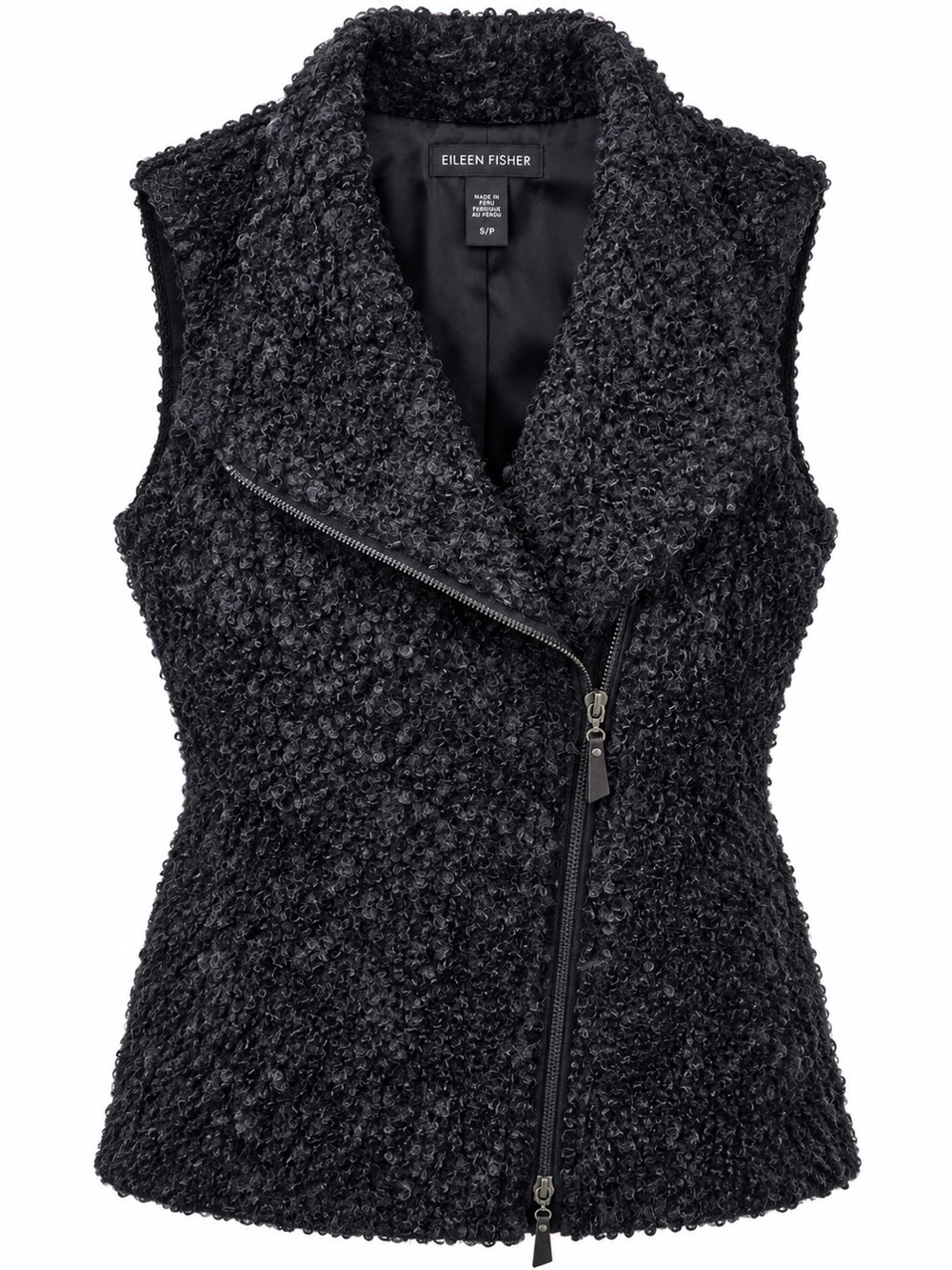 Eileen Fisher S Black Suri Alpaca Wool Boucle Moto Vest Zip Quiet Luxury Chic